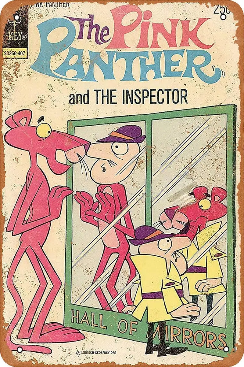 Pink Panther animated cartoon poster, retro tin logo, retro metal sign, suitable for coffee shops, offices, children's rooms, ho