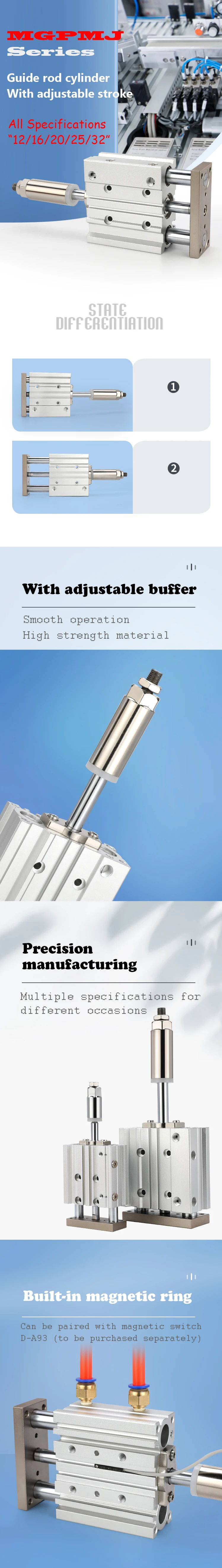 MGPMJ Luftkissen-Geführter Zylinder 3-Stangen Anti-Deflexions-Pneumatikzylinder Hochpräzisions-Pufferhub Industrieller Pneumatikzylinder – Detail 1