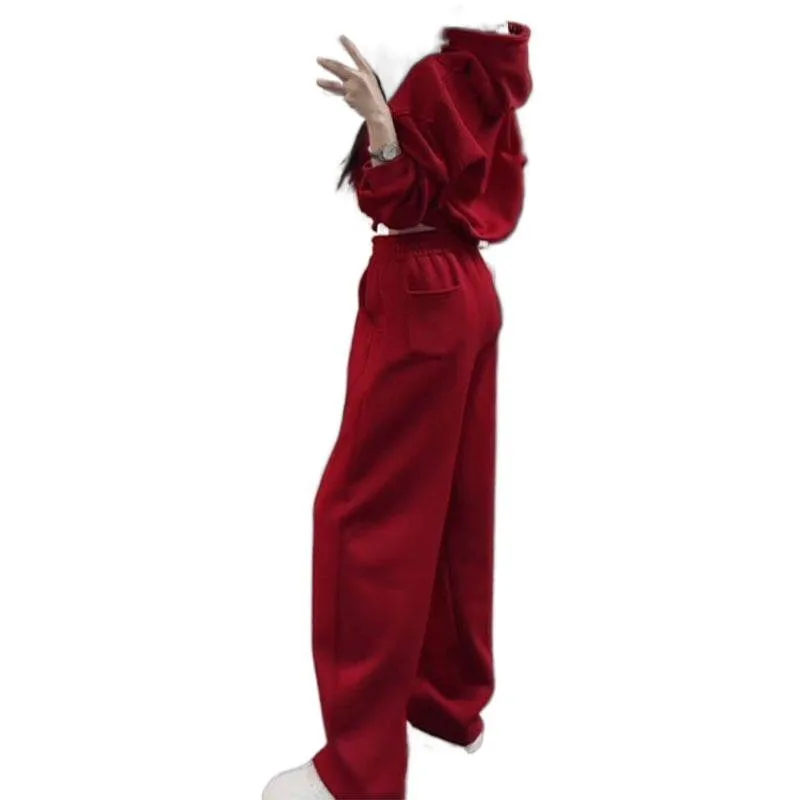 

Pant Sets Fashion Casual Suit Fall and Winter New Temperament Solid Color Hooded Sweater + Thin Scimitar Pants Two-piece Trendy