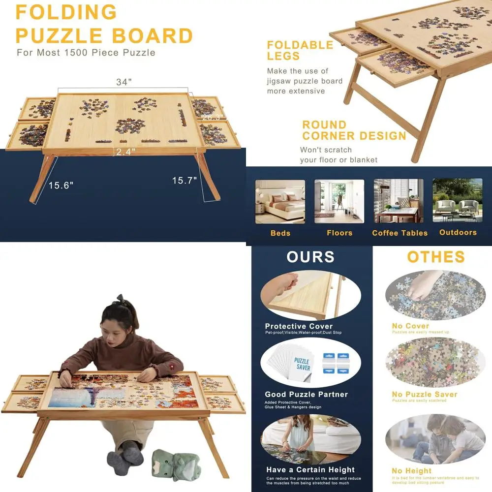 

Multifunctional Folding Wooden Puzzle Table with 4 Drawers, 1500-Piece Capacity, Protective Cover, 34W x 26.3D, Natural