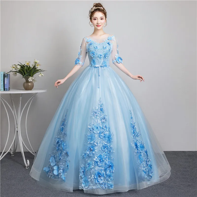 Vestidos de quinceañera con cuello redondo, vestido de baile de tul con apliques elegantes, Media manga, talla grande, azul, nuevo