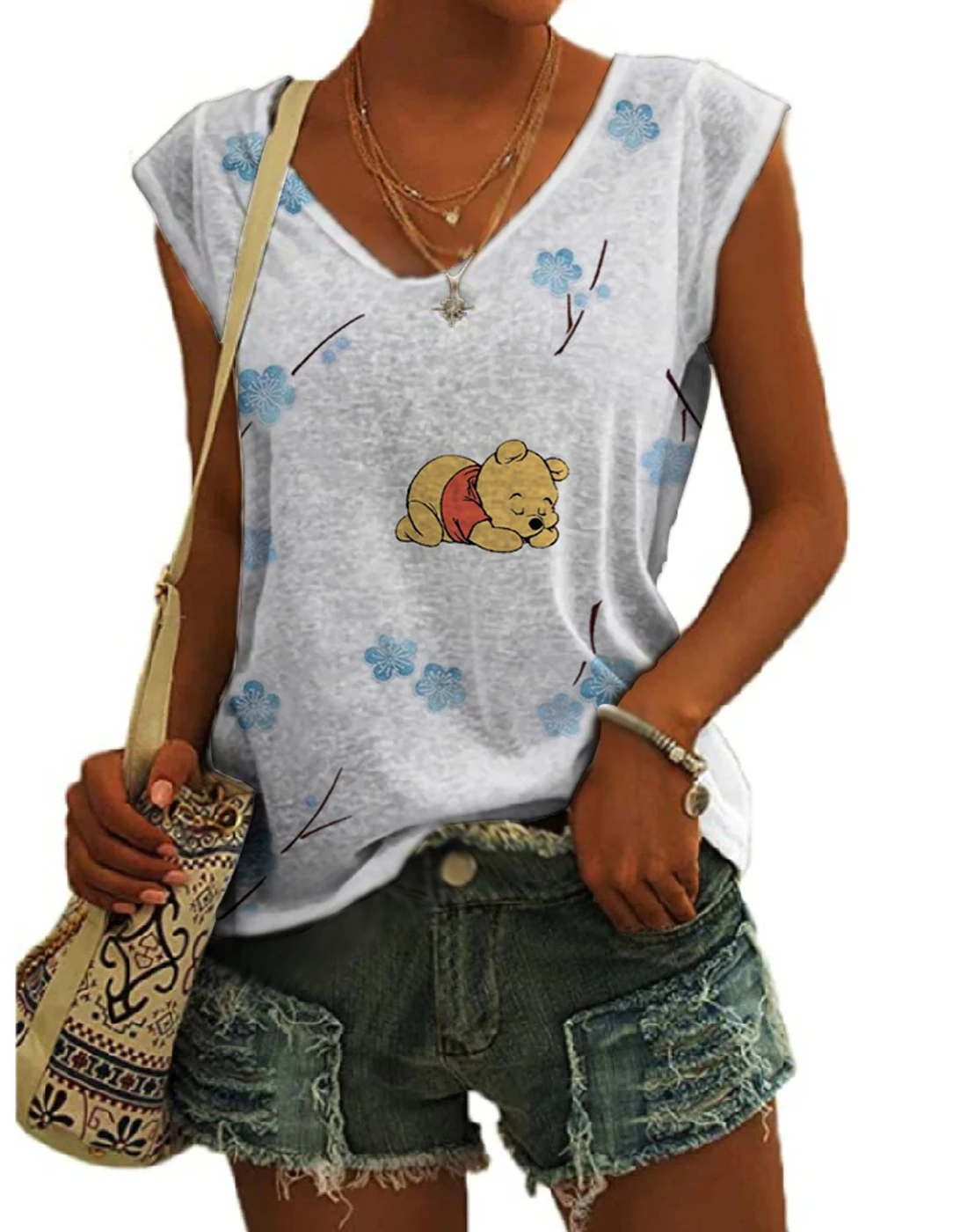 2024 Summer Street New Winnie the Pooh Cartoon Printed Sleeveless Vest for Women, Slim Fit V-neck Fashion Casual Top Y2K