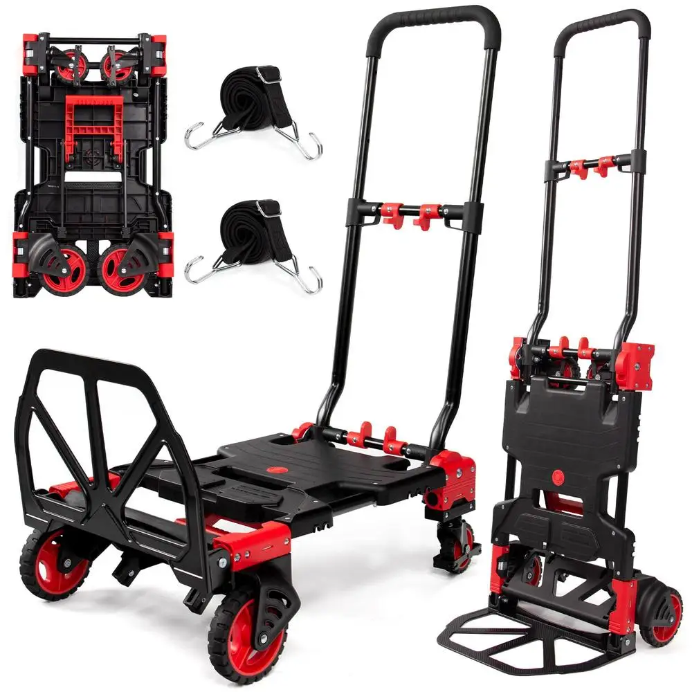 Folding Hand Truck Dolly 330LB Capacity Portable Cart with Retractable Handle Swivel Wheels Adjust Height Bungee Cords Support