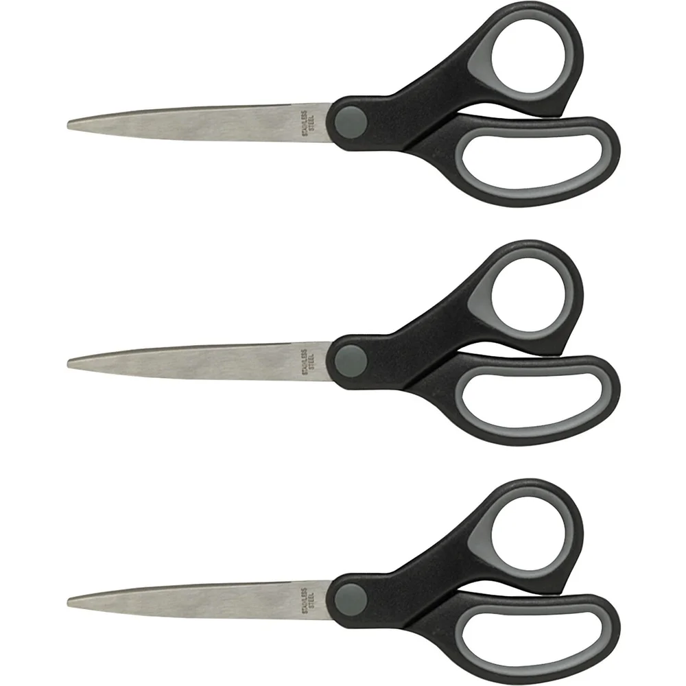 Rubber Grip Straight Scissors 8 Inch Stainless Steel Blades Comfortable Control Everyday Use Home Office 3 Pack Bundle