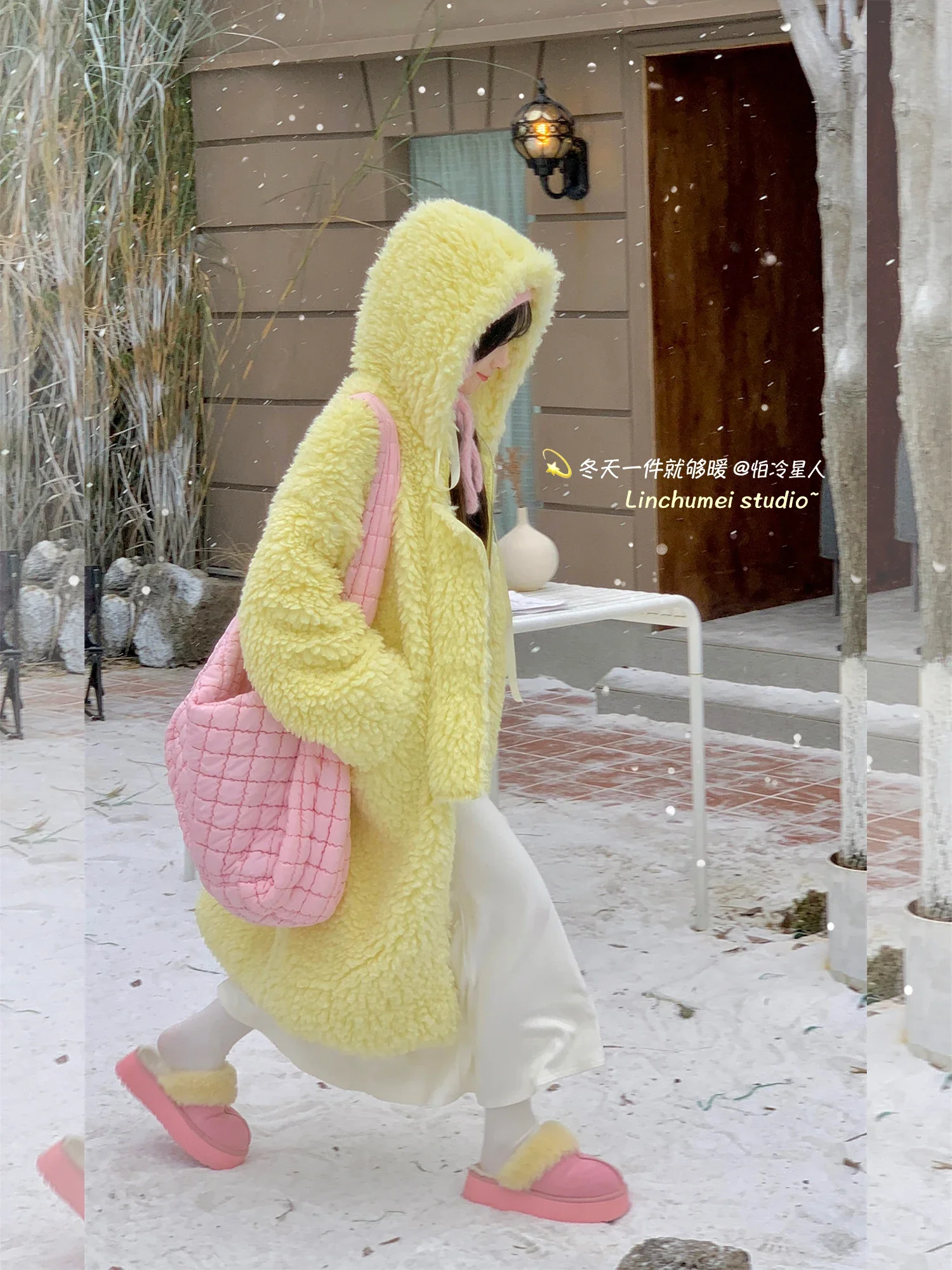 Blue Lamb Wool Coat for Women Autumn and Winter 2023 New Korean Style Loose-Fitting Long Fleece-lined Thick Hooded Faux Fur Coat