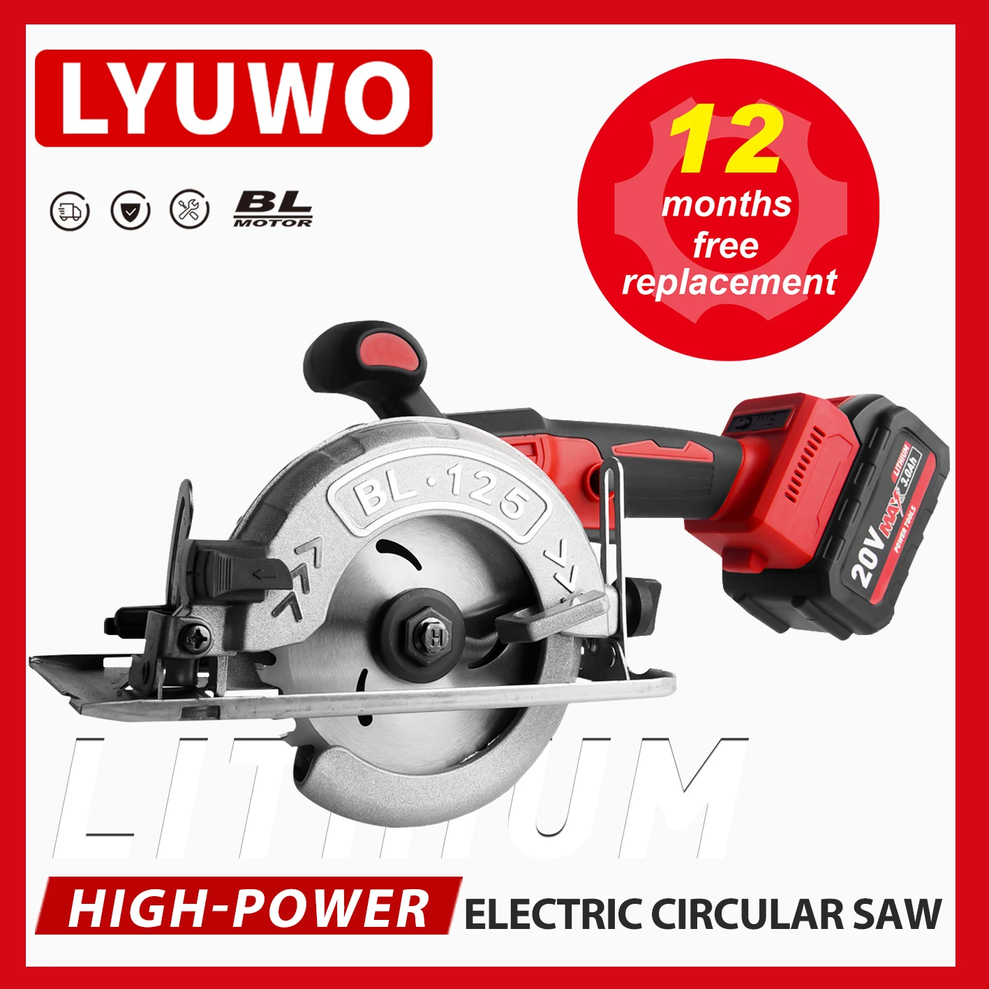 LYUWO Lithium Electric Circular Saw, Circular Saw, Portable Hand Electric Saw, Woodworking Special Electric Saw, Single Hand Saw