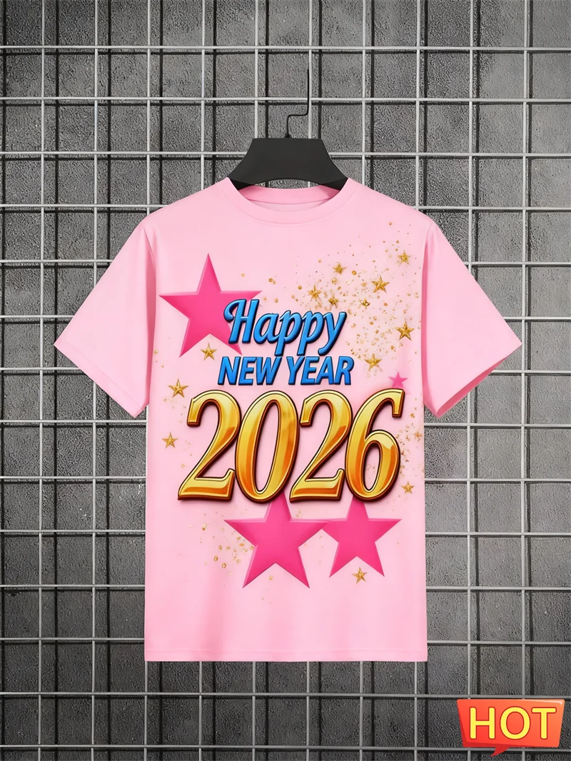 

Happy New Year 2026 Letters T Shirts Fashion Men Women Short Sleeve Lantern 3D Printed T-shirts Casual Oversized Crew Neck Tees