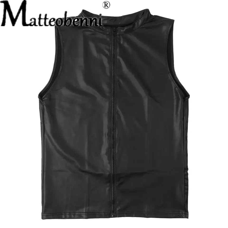 Plus Size Mens Sexy Faux Leather Sleeveless Shirts Erotic Shaping Stretch Tank Tops Male Shiny Leather,Latex Top Fetish Lingerie