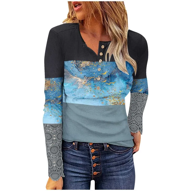 

Женская футболка Lace Sve в рубчик, тонкая пуговица с принтом, длинная све, круглая, Ne Color Blo Pattern, другой материал 00%