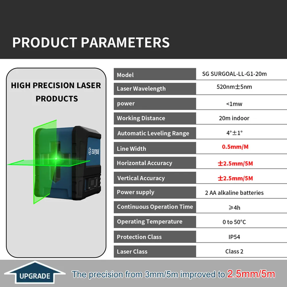 Vertical Horizontal Lasers Level Strong Green 2 Line Laser Level Self-leveling Mode Pendulum Locked Precision 2.5mm/5m