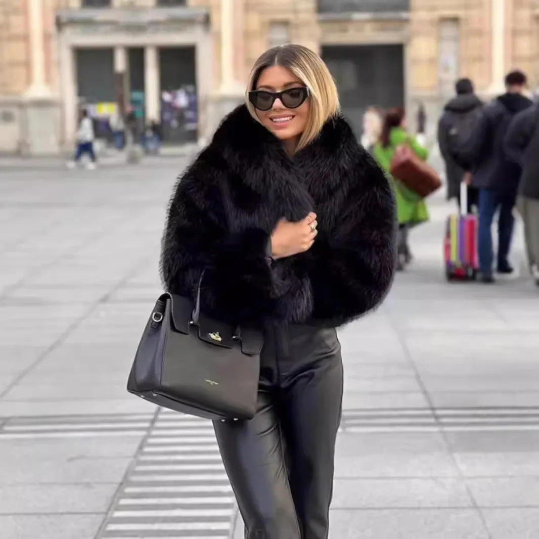 レディースフェイクフォックスファーコート ブラック 無地 ショートファージャケット ターンダウンカラー 長袖 オープンステッチ ルーズ カジュアル 秋冬