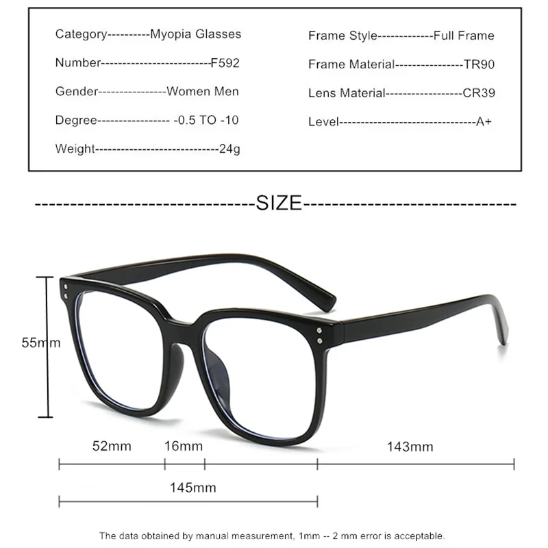 Myopia Prescription Glasses SPHERE -0.5 to -10 and Sunglasses Clips Men Women TR90 Frame Nearsighted Astigmatism Custom F592