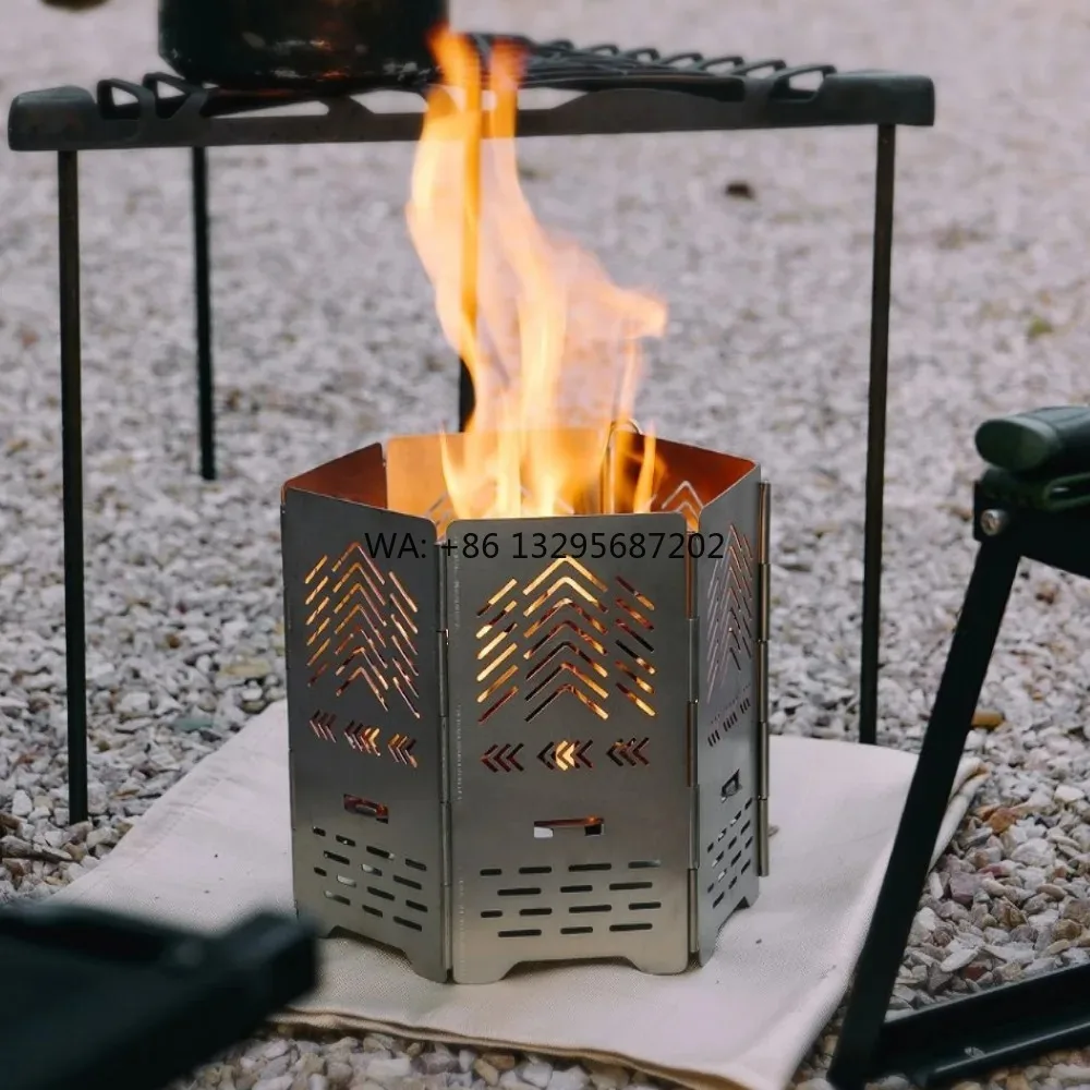 

Шестиугольная трансформируемая ветрозащитная печь для костра из нержавеющей стали и угольный гриль для кемпинга на открытом воздухе, гриля