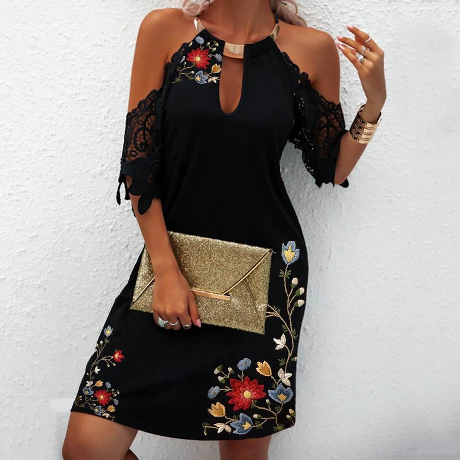 

Sexy Lace Off Shoulder Mini Dress Women Halter Floral Print Short Evening Dress Summer Holiday Beach Boho Dress Party Dresses