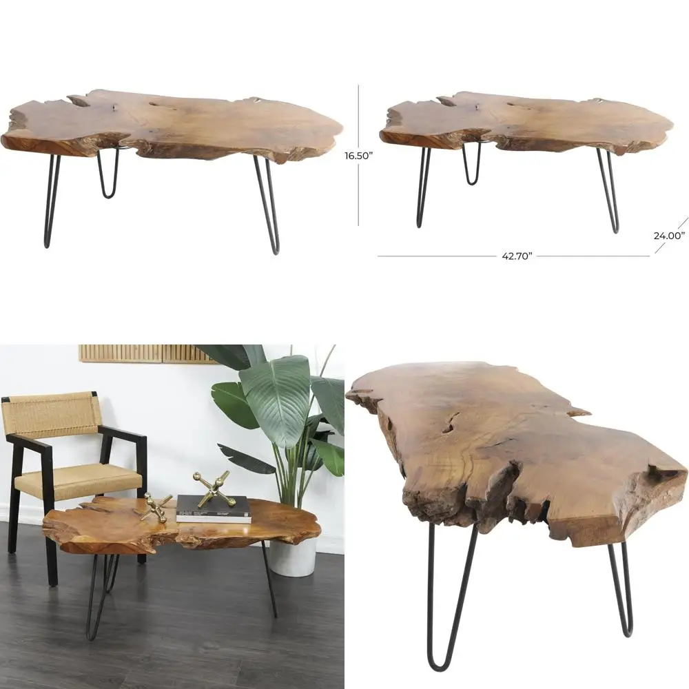 Handcrafted Teak Live Edge Coffee Table with Black Hairpin Legs, 43 x 24 x 17, Brown