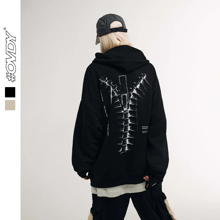 Spine and Letter Print Drop Shoulder Hoodie Fashion Casual Drawstring Pocket Hooded Sweatshort Fall Winter  Outwear