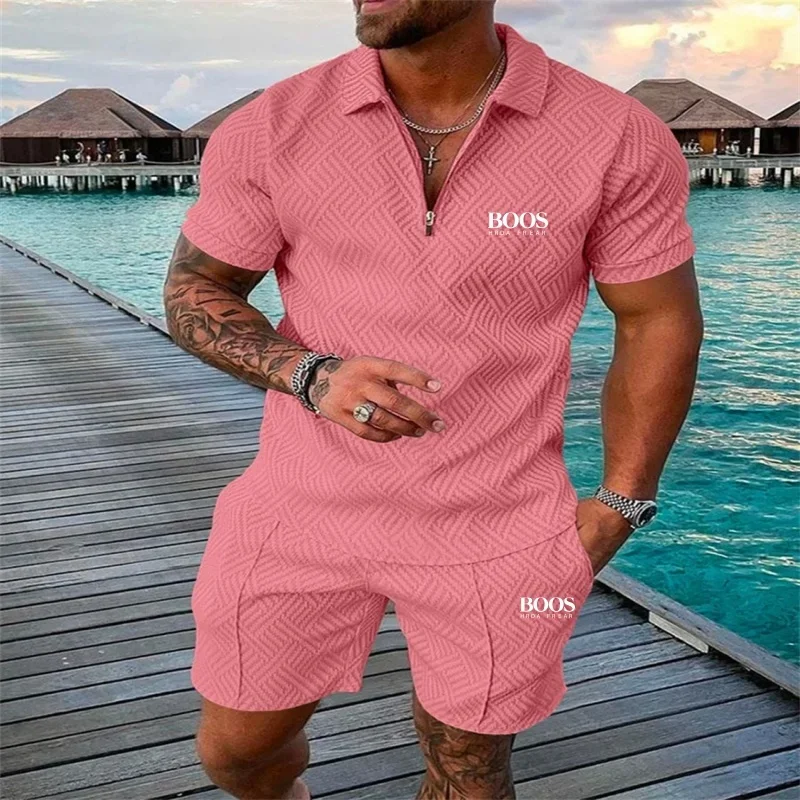 Conjunto de shorts de manga curta com zíper bordado de alta qualidade masculino de verão, novo conjunto de praia multifuncional elegante e casual