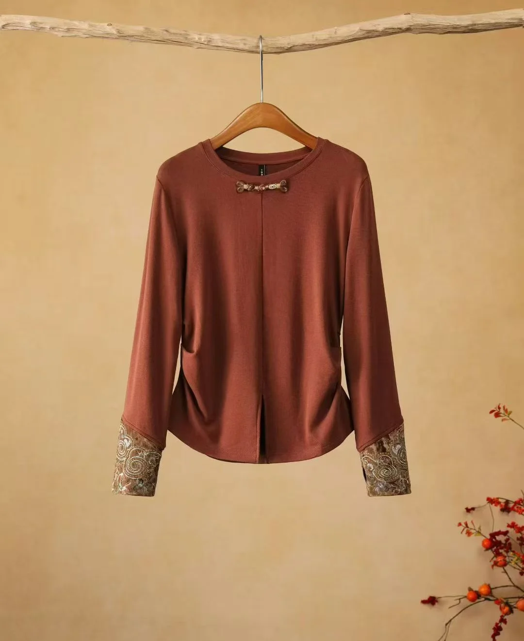Autumn T-shirt Chinese style embroidery o-neck high Stretch Vintage long sleeves tops Original Woman clothes