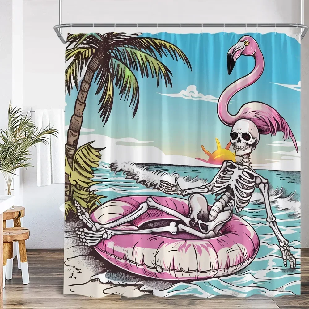 Lustiger Totenkopf-Knochen-Duschvorhang, Halloween-Blume, grüne Blätter, Badezimmer-Dekoration, Vintage-Schädel, Polyester-Duschvorhang