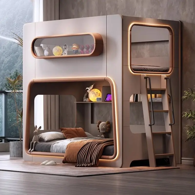 ！@Wood Guardrail Capsule Children Bed Small-space Same-width Parent-child Bunk Bed High-low Parent-child Upper and Lower Bed