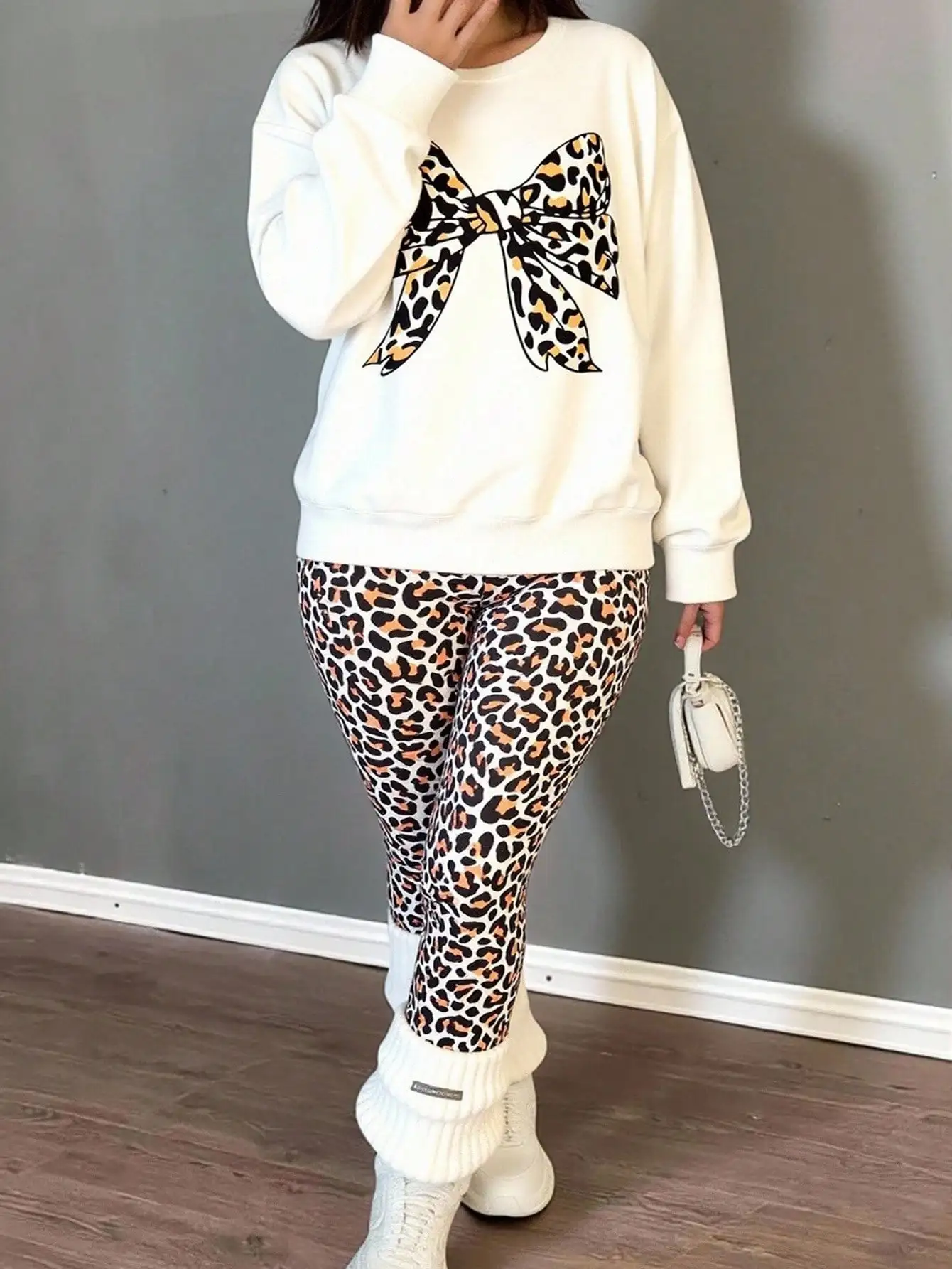 

Women's Cream Crewneck Sweatshirt with Leopard Bow Print + Matching Leggings Set