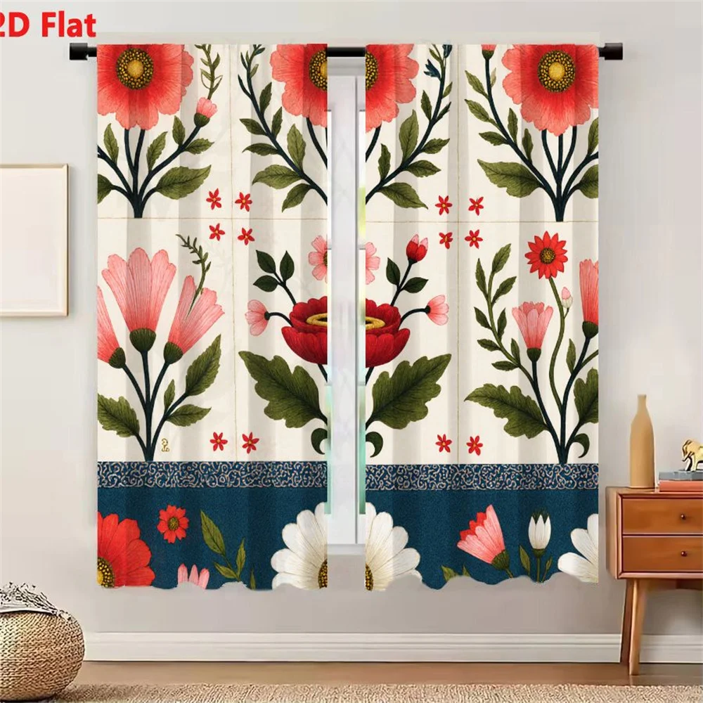 2Pcs Curtains 2D Flat Floral Decorative Pattern With Large Red Yellow Center Flowers Pink Smaller Flowers Red Poppy Like Yellow