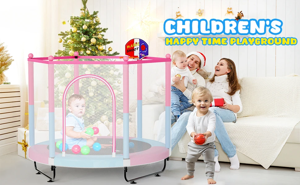 Description Picture 2 of item60" Trampoline for Kids, 5 FT Indoor & Outdoor Small Toddler Trampoline with Basketball Hoop, Safety Enclosure, Gifts Age 3-8