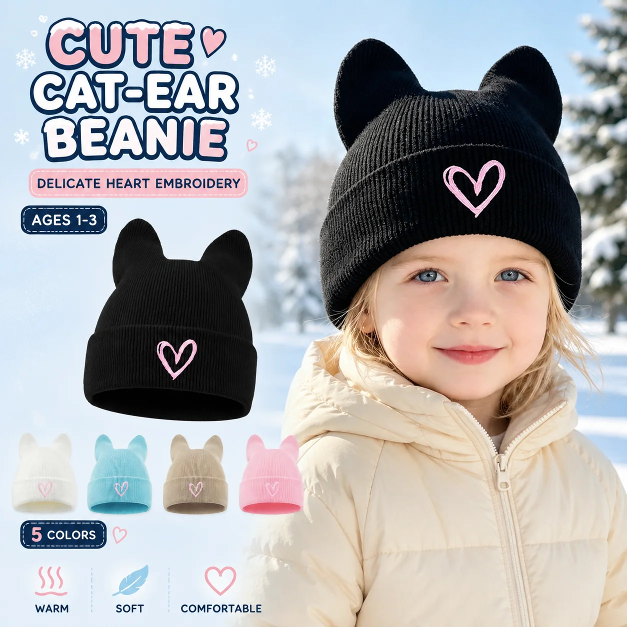 1-3Y Toddler Cat Ear Knit Beanie, Heart Shape Embroidery Kids Winter Hat, Sweet Outdoor Headwear for Toddler
