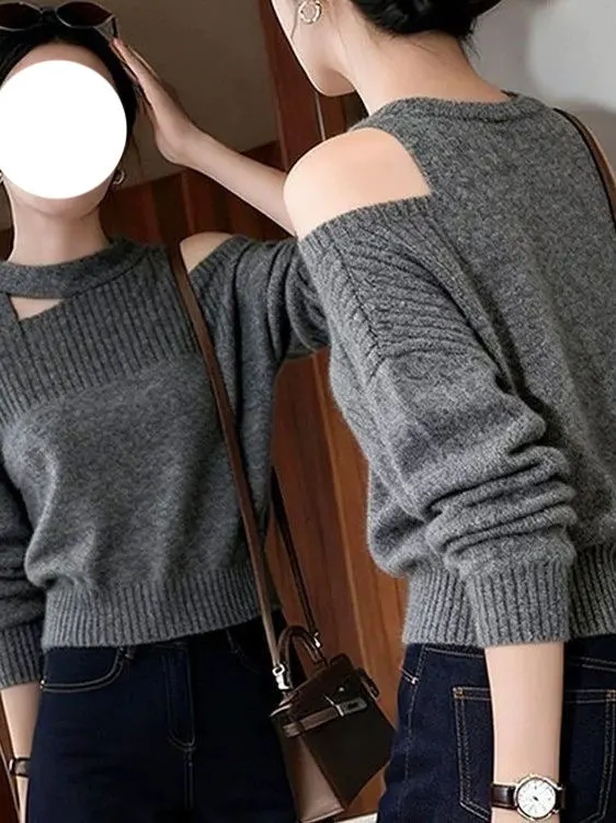 

Loose Sle ey Sa oulder Bared Long Sve Knitted Sweater Women's Slim Fit ort Length Top for Autumn New Arrival