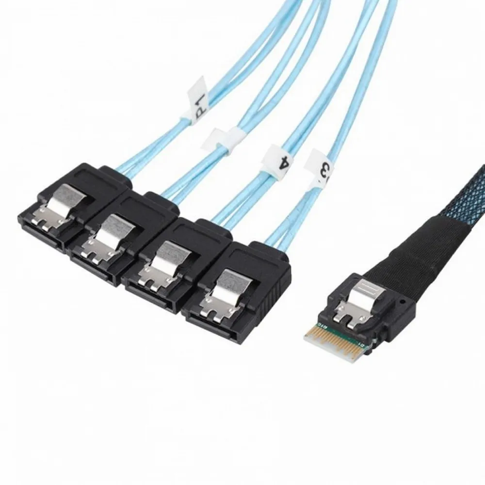 Slim SAS MiniSAS SFF-8654 4i 38pin Host to 4 SATA 7pin Target Hard Disk Fanout Raid Cable 50cm