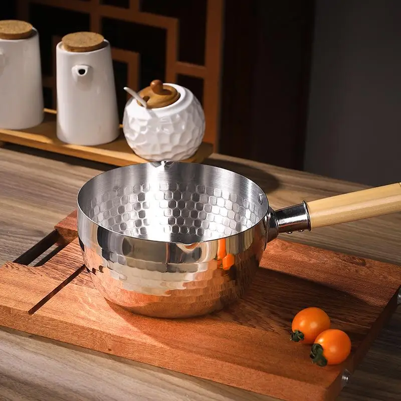 【S】Stainless Steel Soup Pot Snow Pot Flat Bottom Non-Stick Wok Solid Wood Handle With Hook Stew Pot Milk Pot Kitchen Cookware