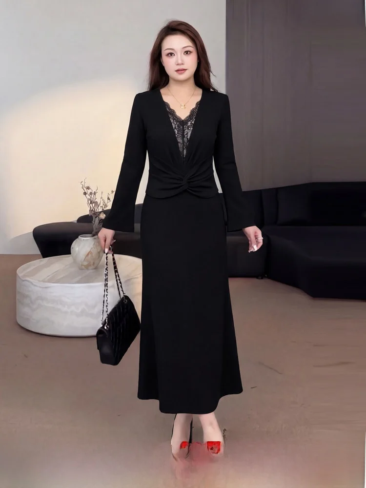 

Slimming V-Neck Lace Knot Large Size Women's Dress Black Long Skirt Commute Style Korean Version High Waist A-Line Skirt