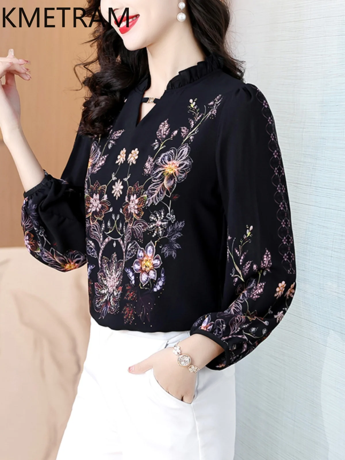 KMETRAM 90% Mulberry Silk Blouse Woman V-Neck Floral Elegant Tops for Woman Clothing Long Sleeve Women's Shirts 2025 Spring