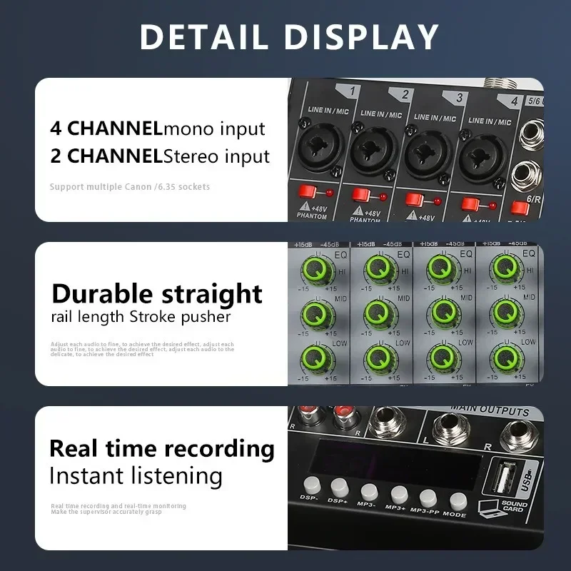 6 ช่องสตูดิโอเครื่องผสมเสียง USB อินพุตสเตอริโอ 2 ช่อง DJ Sound Controller สําหรับเพลงคาราโอเกะคาราโอเกะอินเทอร์เฟซผสมบอร์ด PC