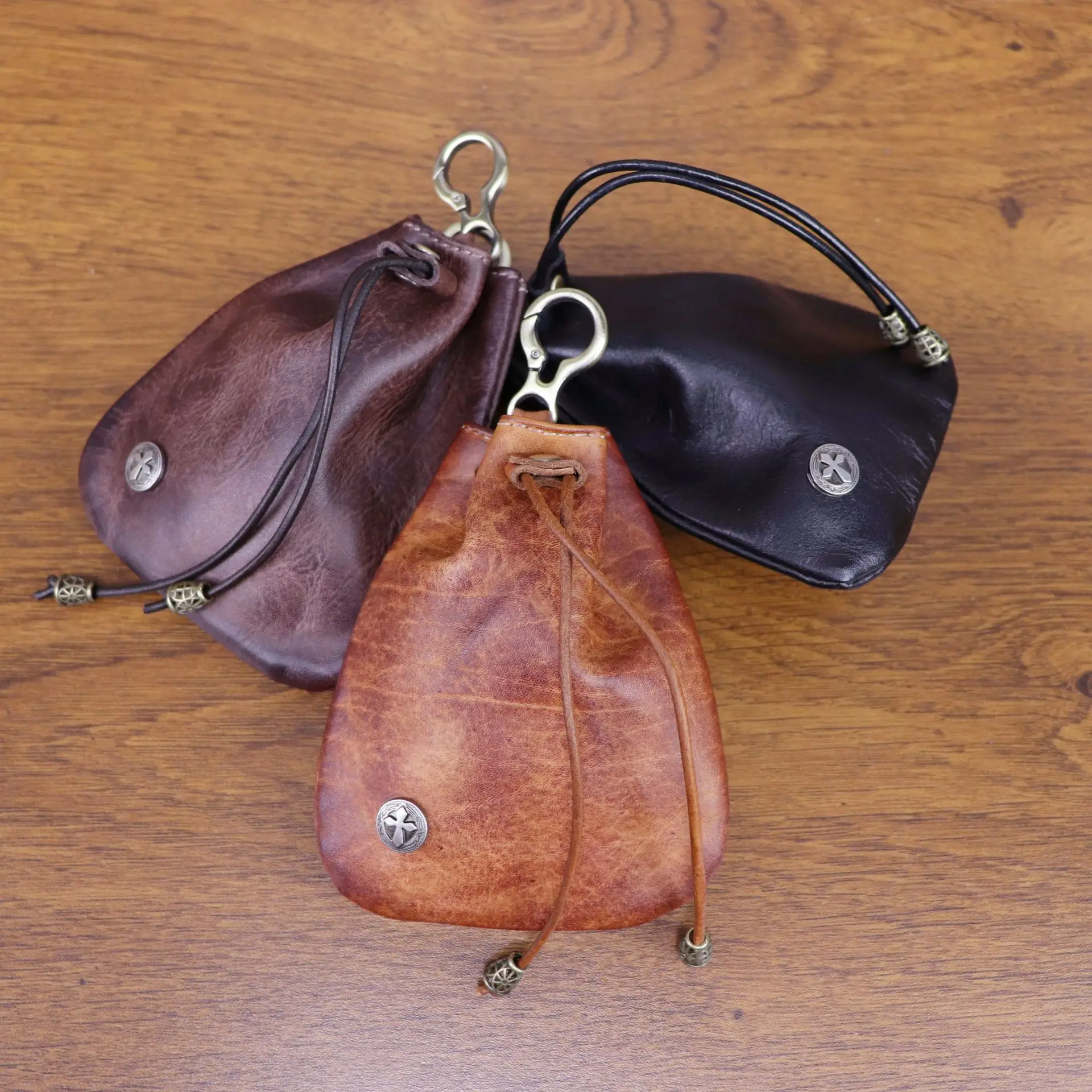 

Vegetable Tanned Leather Men's Coin Purse Retro Universal Storage Key Change Pouch Waist Hanging Drawstring Coin Holders