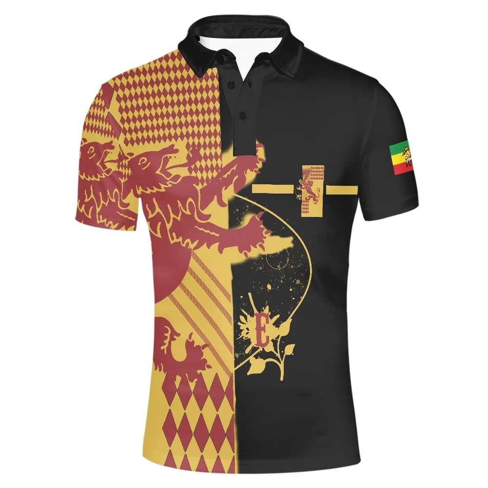 Casual Short Sleeve Men's Shirt V-neck T-shirt Buttons Top Summer Short Sleeve Polo Shirt For Hawaiian Ethiopia Flag Printing