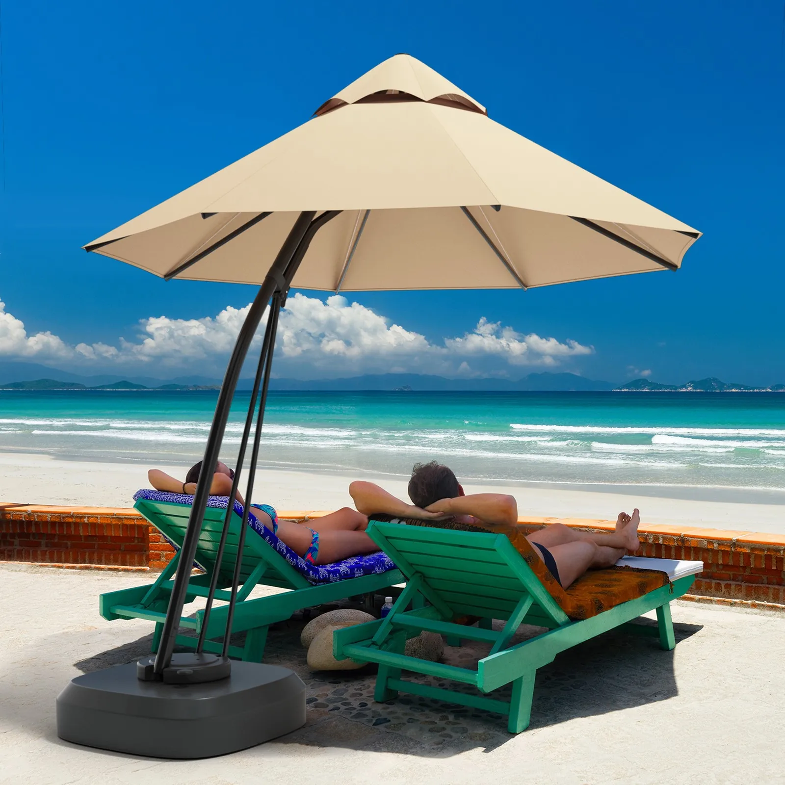 

11ft Patio Cantilever Hand Push Offset Hanging Umbrella w/ Wheels Base Beige