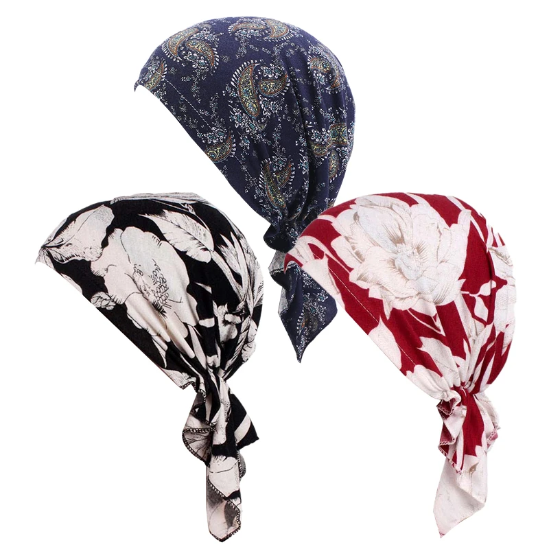 

3PCS/LOT Muslim Women Elastic Print Turban Hat Pre-Tied Cancer Chemo Beanies Headwear Head Wrap Ruffle Ladies Hair Accessories
