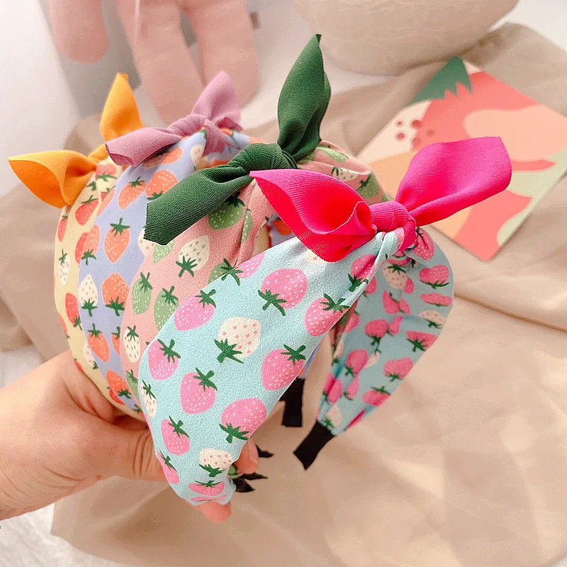 AISHG-Fruit Print Hairband para mulheres, Strawberry Knot Bow Headband, Hoop de tecido doce coreano, faixa de cabelo para meninas, acessórios para cabelo