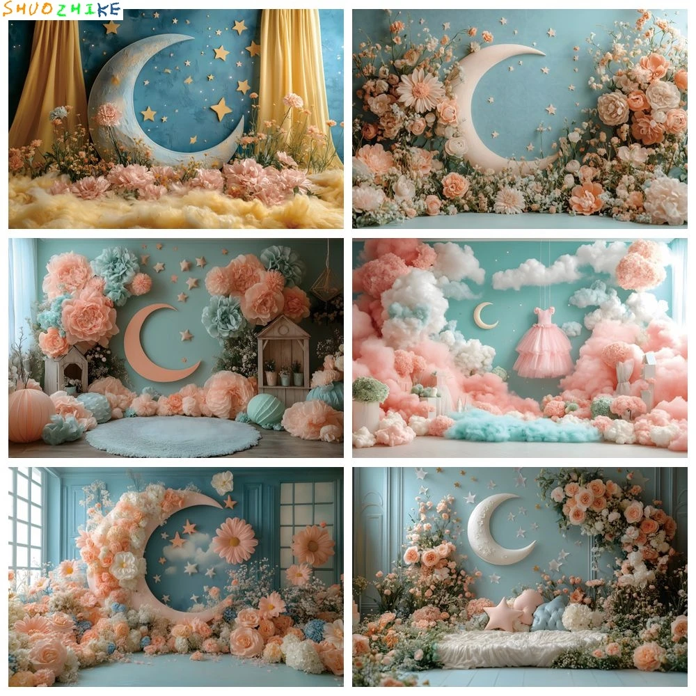 

Newborn 1st Birthday Party Photography Backdrop Moon Stars Flowers Baby Shower Girl Boy Art Portrait Photocall Background Decor