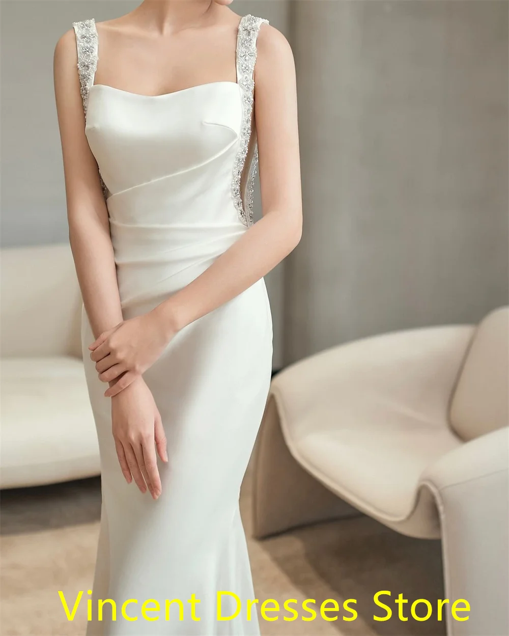 Personalizado sereia vestido de noite elegante camisa branca gola quadrada vestido de casamento clássico boné manga tribunal trem vestidos de noiva