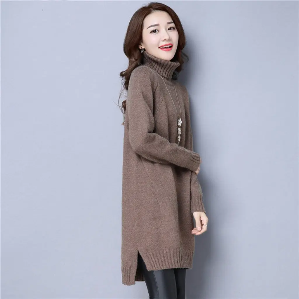 

Women's Turtleneck Sweater Mid-Length Core-Spun Yarn Knitted Base Shirt Warm Fleece-Lined Thickened Dress