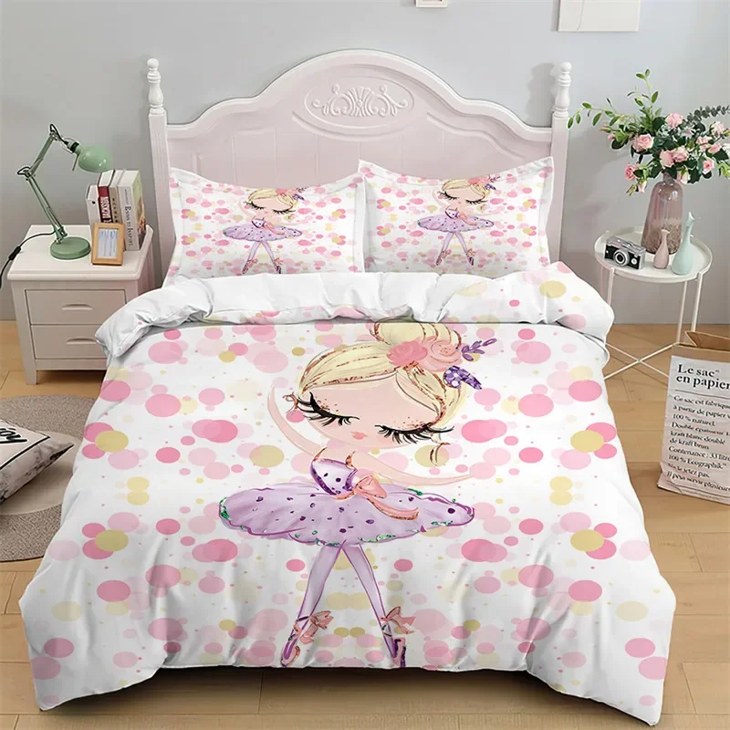 Cartoon Ballet Dancing Girl Bedding Set Queen Size Princess Style Nordic Print Duvet Cover With Pillowcases For Girls Kids Teen