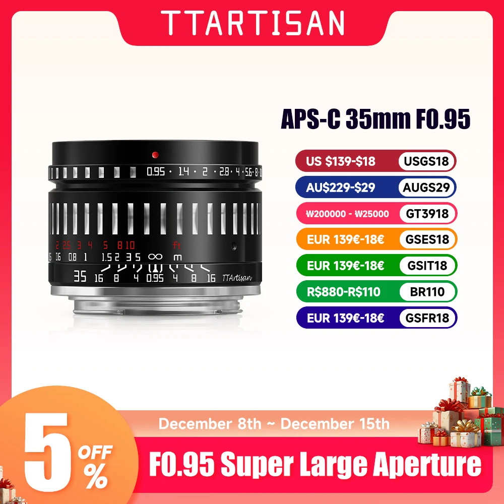 TTArtisan 35mm F0.95 Large Aperture Prime Lens for Sony E Mount Fujifilm X Canon M Canon RF-S Leica L Nikon Z Camera