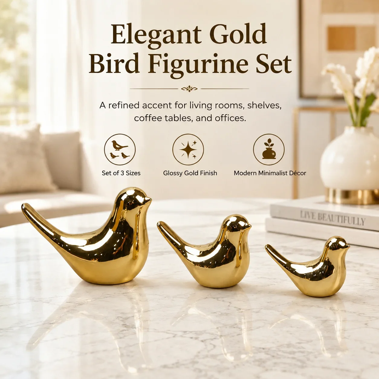 Set of 3 Birds Statues Gold Home Decor Modern Figurine Decorative Ornaments for Living Room, Bedroom, Office Desktop, Cabinets