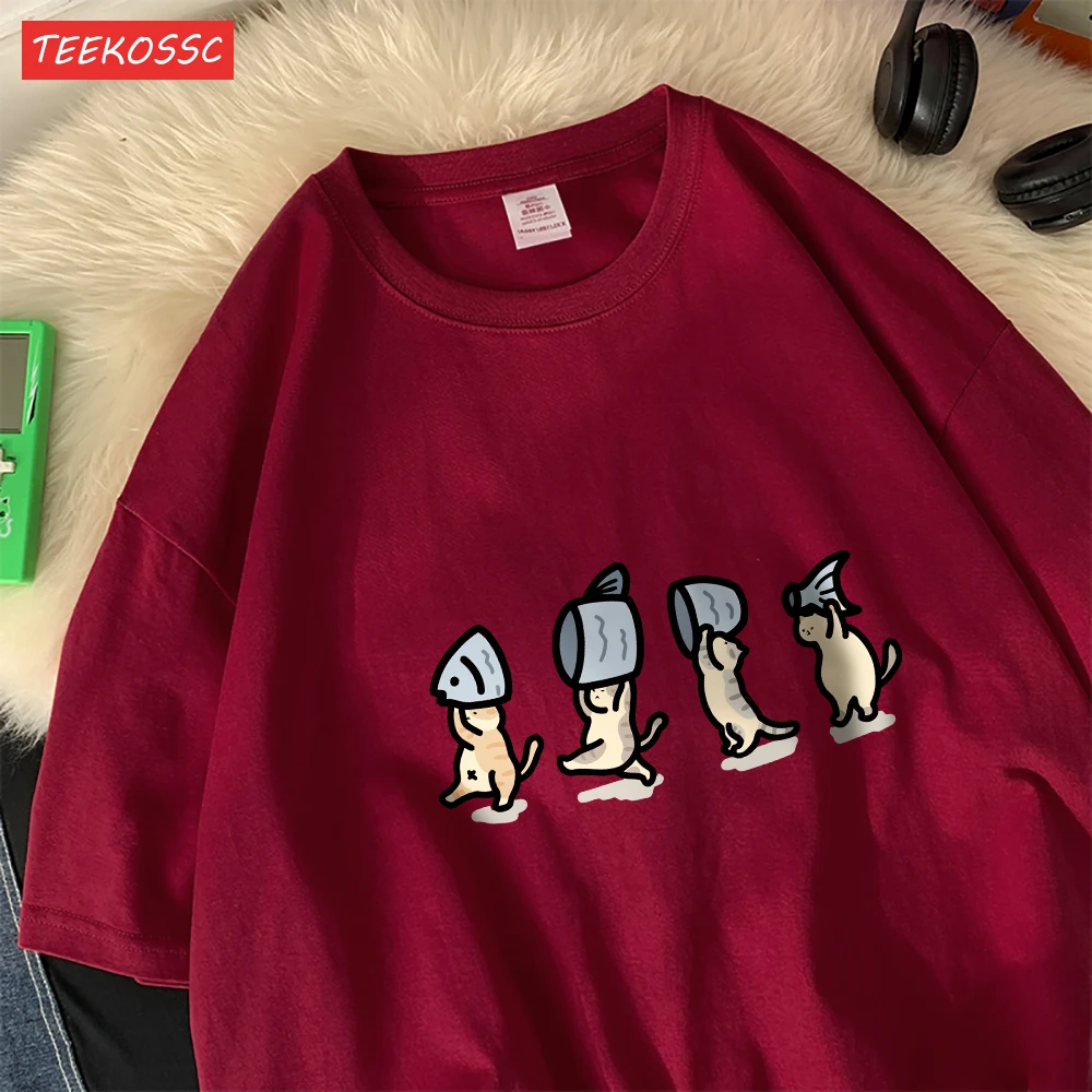 Vier Kleine Katzen Halten Fishcotton Frauen T-Shirts Cartoons Drucke T Shirts Weiche Oansatz Lose Kurzarm Tops Sommer Kleidung – Detail 27