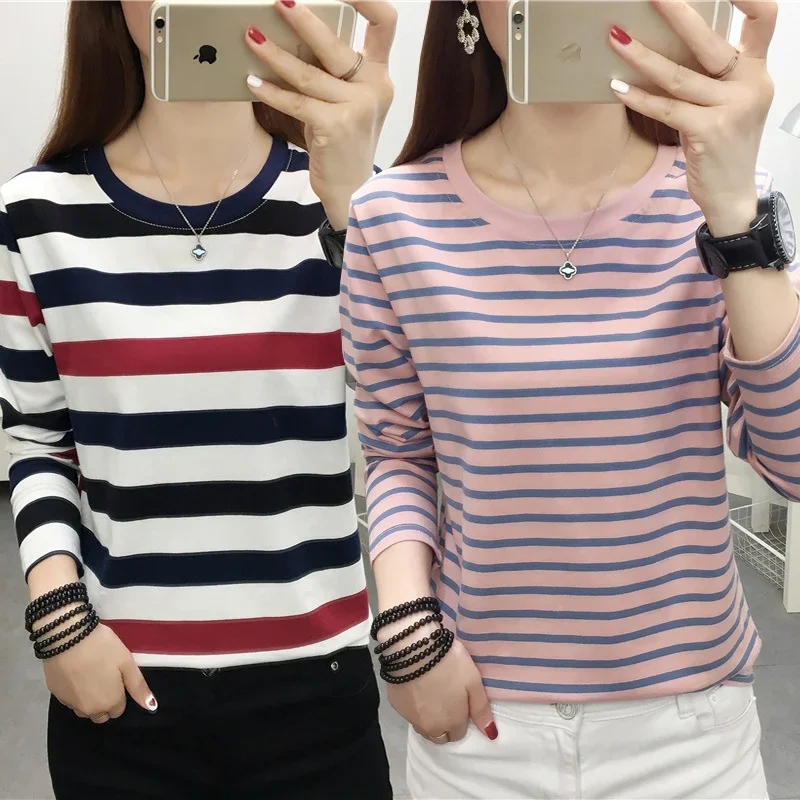 Loose Striped Long Sleeve T-shirt Women Clothing Middle-aged Mom Pure Cotton Autumn Clothes Ladies Outdoor Wear Base Shirt