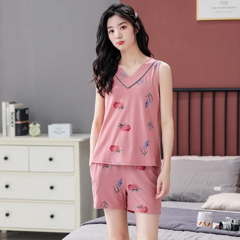 

Small Flower Print Women Vest Pajama Sets Stretch Modal Sleepwear Casual Tracksuit 2 Pcs/set Sleeveless Summer Home Lounge Gift