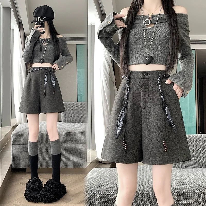 Commuter Wide Leg Pants Women Winter Knitted Elastic Waist Solid Long Trouser Losse Warm Women Clothes TT909