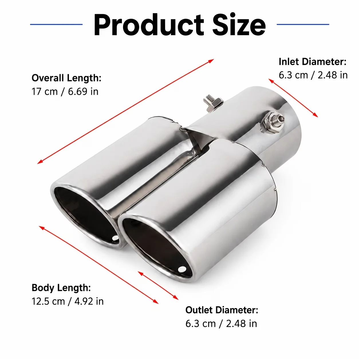 63.5mm Stainless Steel Dual Exit Exhaust Tail Tip Silver, Bolt-On Slant Mouth Straight Through Muffler End Pipe Auto Exhaust Mod